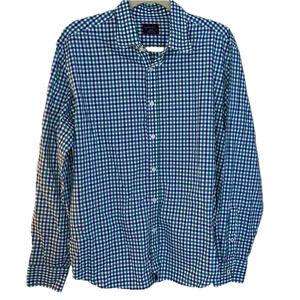 Untuckit Mens Long Sleeve Button Up Dress Shirt Blue Green Gingham Check Large